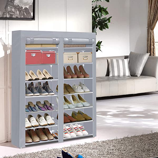 ERONE Shoe Rack Storage Organizer , 28 Pairs Portable Double Row with Nonwoven Fabric Cover Shoe Rack Cabinet for Closet (Black)