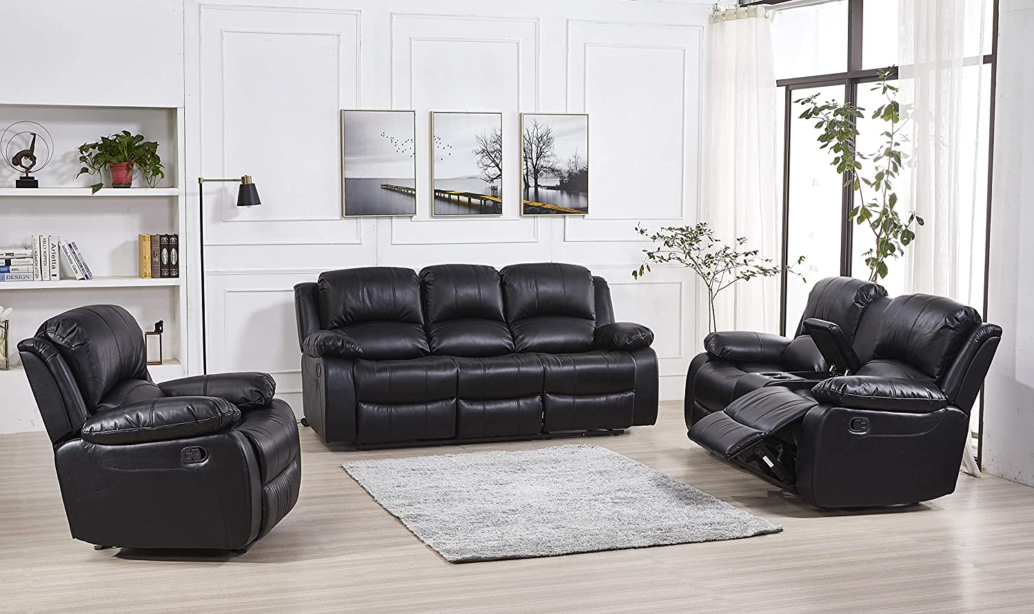 Betsy Furniture 3PC Bonded Leather Recliner Set Living Room Set, Sofa, Loveseat, Chair 8018 (Brown, Living Room Set 3+2+1)