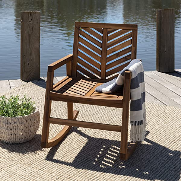Walker Edison 5 Person Outdoor Wood Chevron Patio Furniture Dining Set Table Chairs Bench All Weather Backyard Conversation Garden Poolside Balcony, 4 Piece, Brown Brown 4 Piece Dining Set