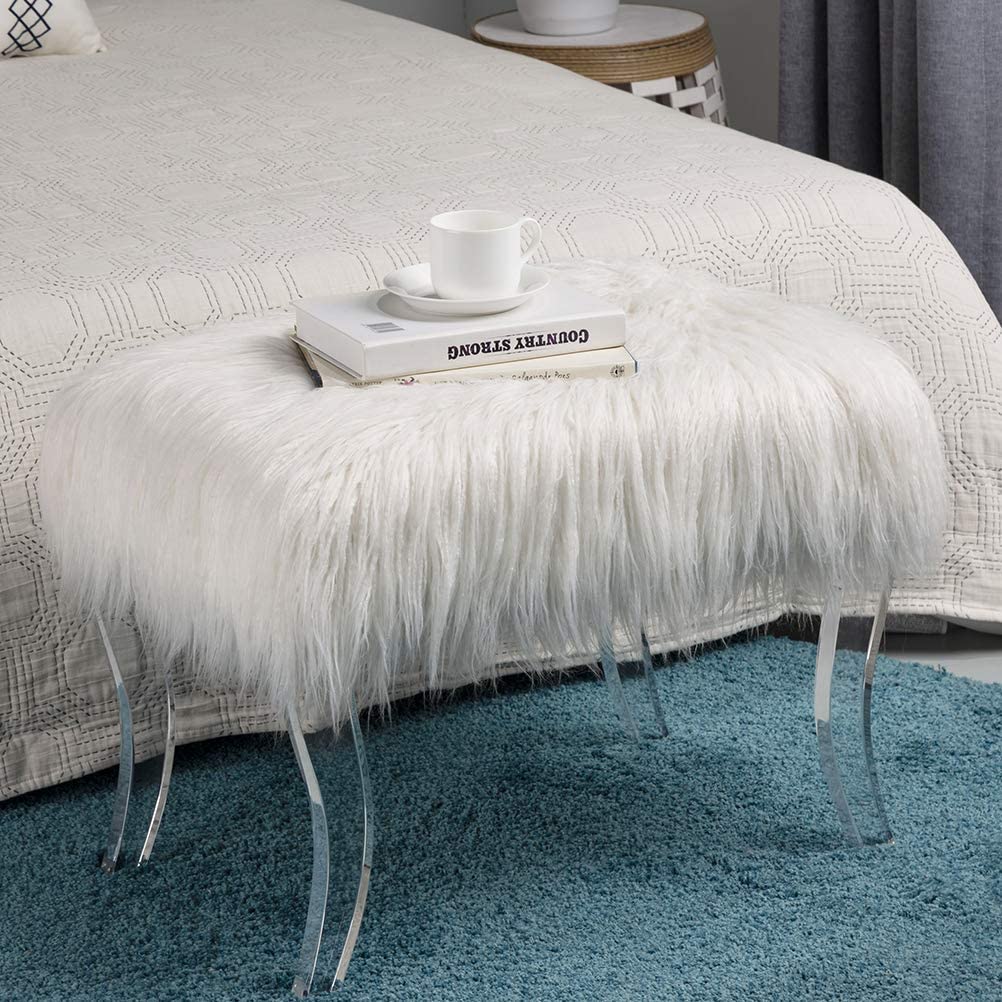 Glitzhome modern style white faux fur footrest stool vanity stool stool with acrylic legs decorative bench, suitable for bedroom