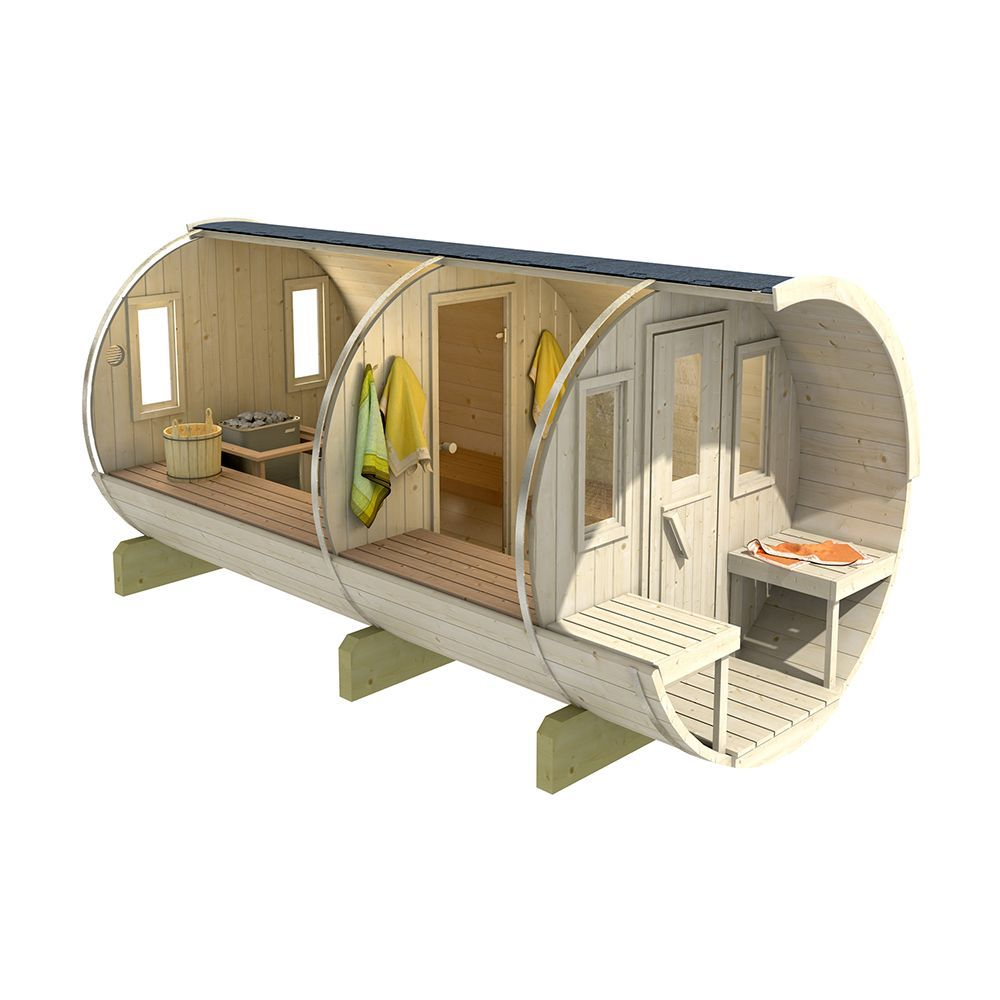 8 Person Barrel Sauna with Separate Dressing Room & Electric Heater