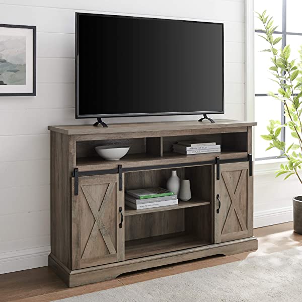 Walker Edison Richmond modern farmhouse sliding barn door TV stand for up to 52 inches, white and rustic oak white without fireplace 52 inches TV