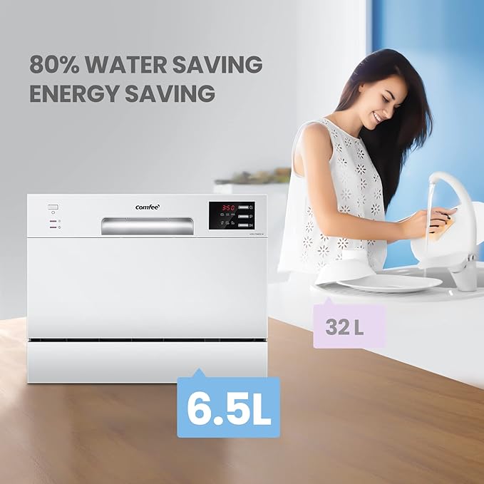 COMFEE’ Countertop Dishwasher, Energy Star Portable Dishwasher, 6 Place Settings & 8 Washing