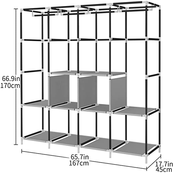 YAYI Portable Wardrobe Clothing Wardrobe Shelves Clothes Storage Organiser with 4 Hanging Rail,Grey