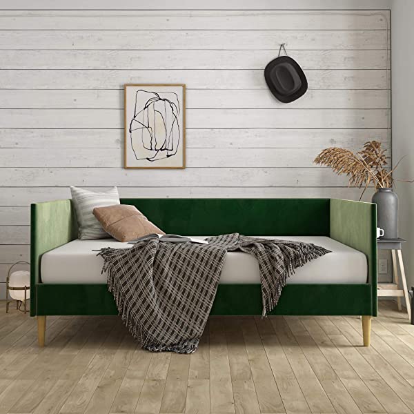 DHP Franklin Mid Century Upholstered Daybed, Sofa Bed, Twin Size Frame, Tan Linen Linen Twin Tan