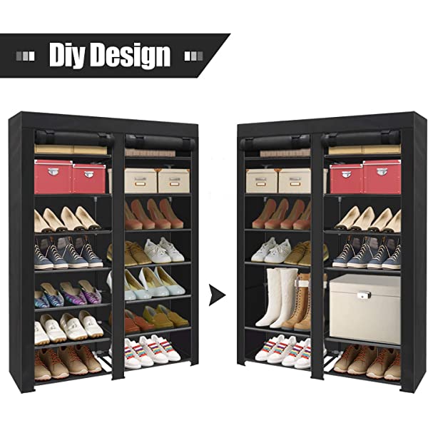 ERONE Shoe Rack Storage Organizer , 28 Pairs Portable Double Row with Nonwoven Fabric Cover Shoe Rack Cabinet for Closet (Black)