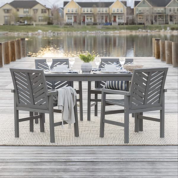 Walker Edison 5 Person Outdoor Wood Chevron Patio Furniture Dining Set Table Chairs Bench All Weather Backyard Conversation Garden Poolside Balcony, 4 Piece, Brown Brown 4 Piece Dining Set