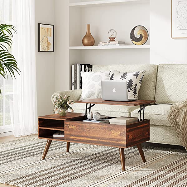 WLIVE Wood Lift Top Coffee Table with Hidden Compartment and Adjustable Storage Shelf, Lift Tabletop Dining Table for Home Living Room, Office, Rustic Oak
