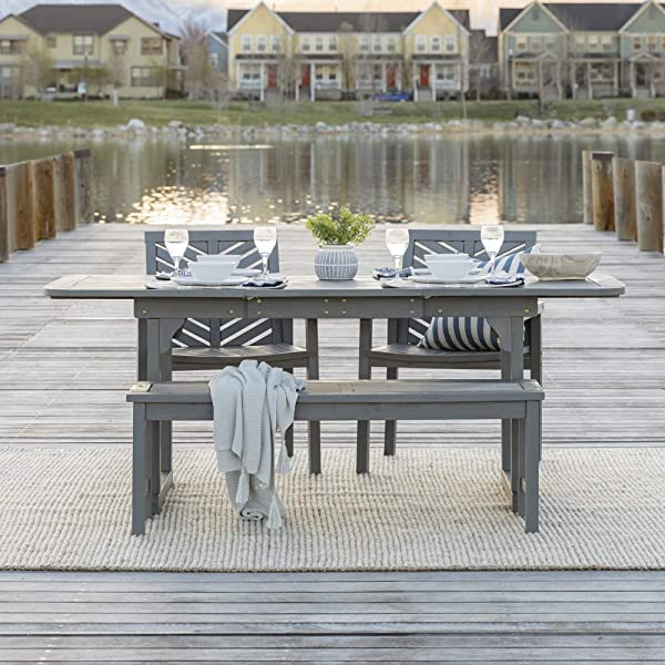 Walker Edison 5 Person Outdoor Wood Chevron Patio Furniture Dining Set Table Chairs Bench All Weather Backyard Conversation Garden Poolside Balcony, 4 Piece, Brown Brown 4 Piece Dining Set