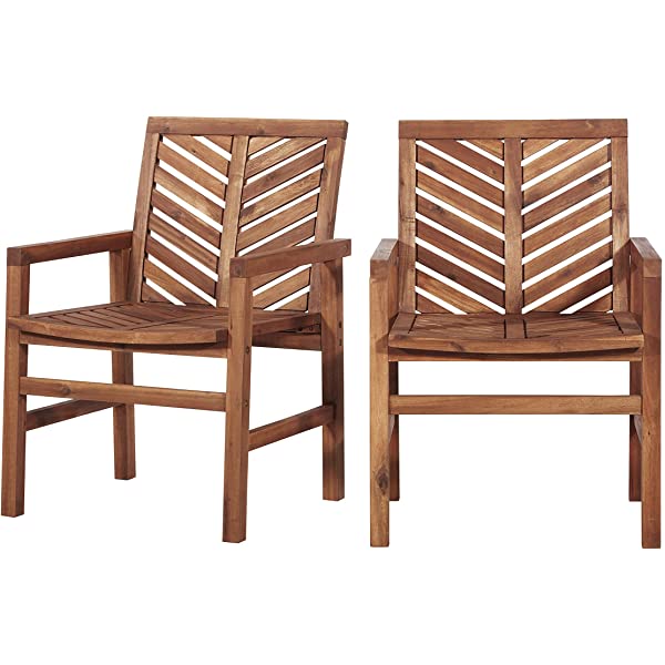Walker Edison 5 Person Outdoor Wood Chevron Patio Furniture Dining Set Table Chairs Bench All Weather Backyard Conversation Garden Poolside Balcony, 4 Piece, Brown Brown 4 Piece Dining Set