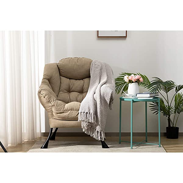 AbocoFur Modern Large Cotton Fabric Lazy Chair,Accent Contemporary Lounge Chair, Single Steel Frame Leisure Sofa Chair with Armrests and A Side Pocket, Beige