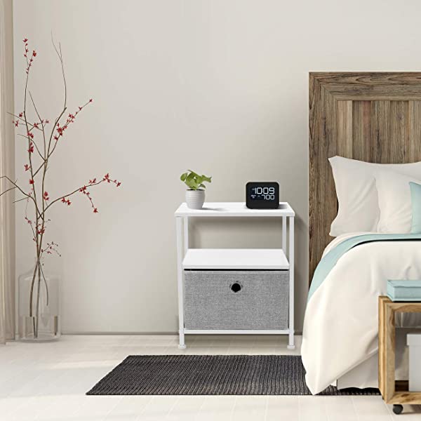 Sorbus Nightstand 1-Drawer Shelf Storage- Bedside Furniture & Accent End Table Chest for Home, Bedroom, Office, College Dorm, Steel Frame, Wood Top, Easy Pull Fabric Bins (Rustic Wood)