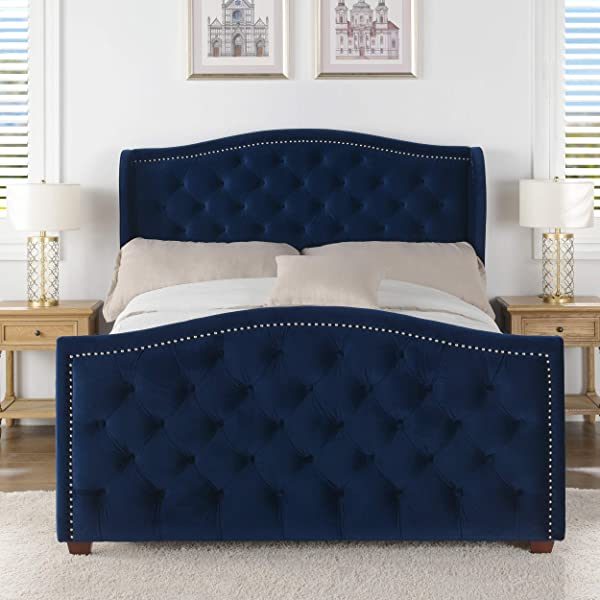 Jennifer Taylor Home Marcella Collection Queen Wingback Tufted Hand-Applied Nail Heads Upholstered Bed, Antique White Antique White Queen