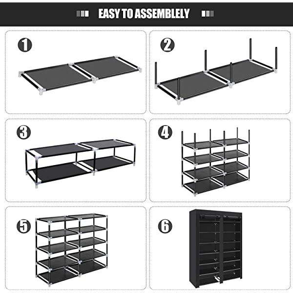 ERONE Shoe Rack Storage Organizer , 28 Pairs Portable Double Row with Nonwoven Fabric Cover Shoe Rack Cabinet for Closet (Black)