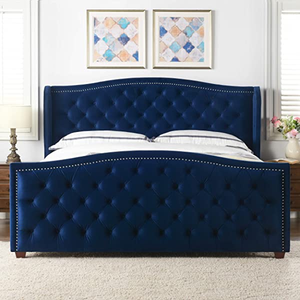 Jennifer Taylor Home Marcella Collection Queen Wingback Tufted Hand-Applied Nail Heads Upholstered Bed, Antique White Antique White Queen