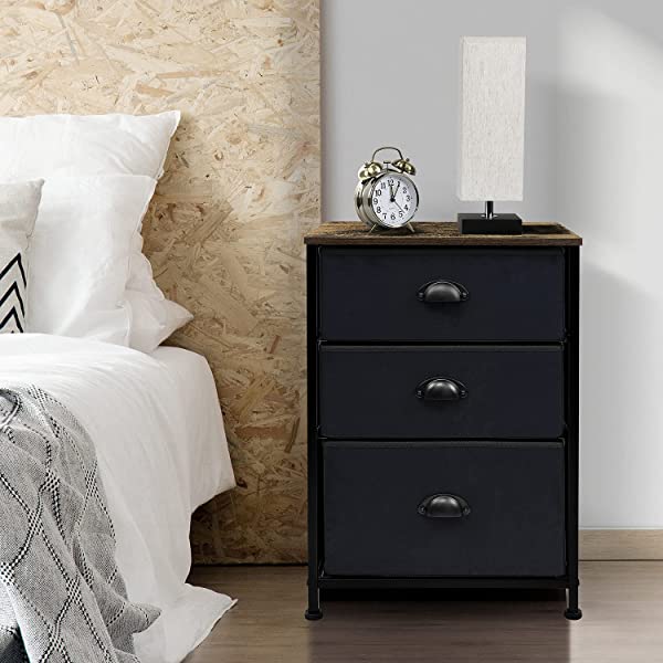 Sorbus Nightstand with 3 Drawers - Bedside Furniture & Accent End Table Chest for Home, Bedroom Accessories, Office, College Dorm, Steel Frame, Wood Top, Easy Pull Fabric Bins (Gray) Grey