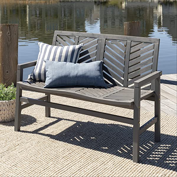 Walker Edison 5 Person Outdoor Wood Chevron Patio Furniture Dining Set Table Chairs Bench All Weather Backyard Conversation Garden Poolside Balcony, 4 Piece, Brown Brown 4 Piece Dining Set