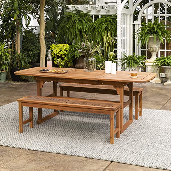 Walker Edison 5 Person Outdoor Wood Chevron Patio Furniture Dining Set Table Chairs Bench All Weather Backyard Conversation Garden Poolside Balcony, 4 Piece, Brown Brown 4 Piece Dining Set