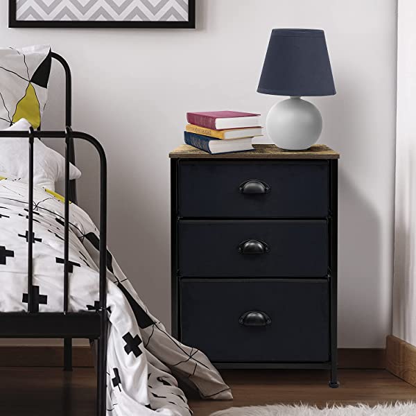 Sorbus Nightstand with 3 Drawers - Bedside Furniture & Accent End Table Chest for Home, Bedroom Accessories, Office, College Dorm, Steel Frame, Wood Top, Easy Pull Fabric Bins (Gray) Grey