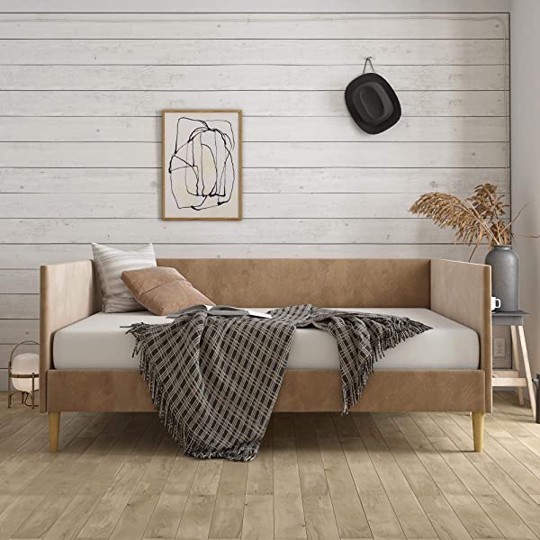 DHP Franklin Mid Century Upholstered Daybed, Sofa Bed, Twin Size Frame, Tan Linen Linen Twin Tan