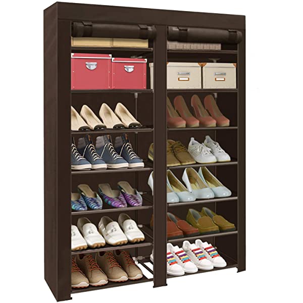 ERONE Shoe Rack Storage Organizer , 28 Pairs Portable Double Row with Nonwoven Fabric Cover Shoe Rack Cabinet for Closet (Black)