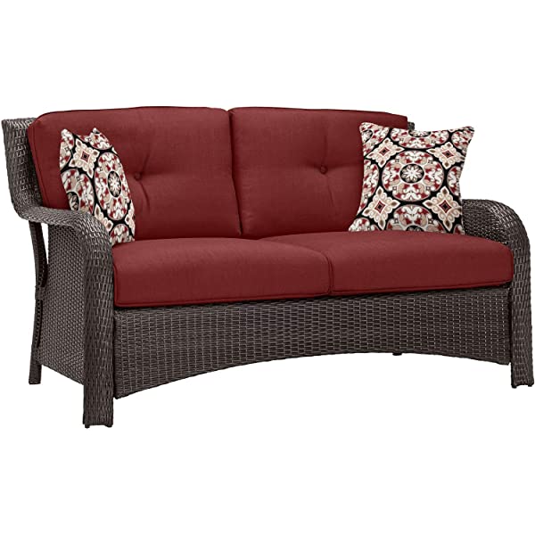 Hanover Strathmere 6-Piece Outdoor Patio Conversation Set, 2 Side Chairs with Ottomans, Loveseat and Tempered Glass Coffee Table, with Hand-Woven Wicker and Thick Cilantro Green Cushions, STRATHMERE6PC