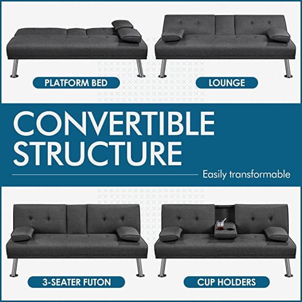 YAHEETECH Linen Fabric Modern Sofa Bed Sectional Couch Bed Folding Recliner Sleeper Reversible Loveseat Convertible Daybed, 2 Cup Holders, 3 Angles, 772lb Capacity, Removable Armrests, Dark Gray