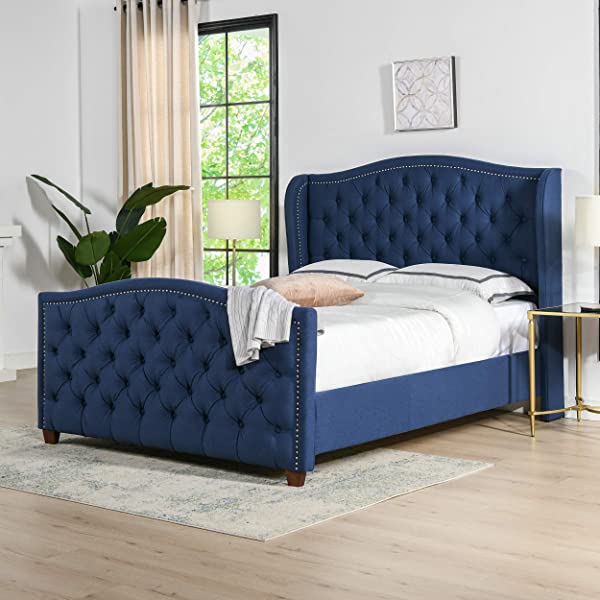 Jennifer Taylor Home Marcella Collection Queen Wingback Tufted Hand-Applied Nail Heads Upholstered Bed, Antique White Antique White Queen