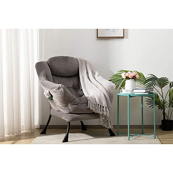 AbocoFur Modern Large Cotton Fabric Lazy Chair,Accent Contemporary Lounge Chair, Single Steel Frame Leisure Sofa Chair with Armrests and A Side Pocket, Beige