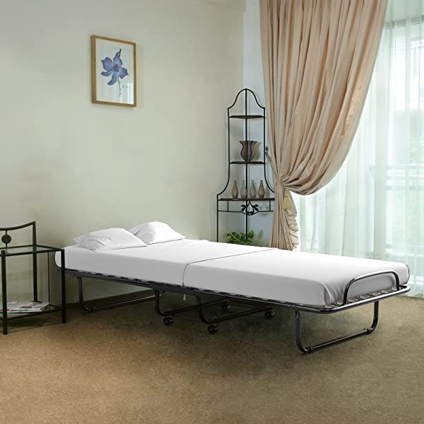 Giantex Rollaway Folding Bed with 4 Inch Mattress, Portable Foldable Guest Bed for Adults, Sturdy Metal Frame, Memory Foam Mattress, Folding Bed Cot Size (Beige & Black) Wood