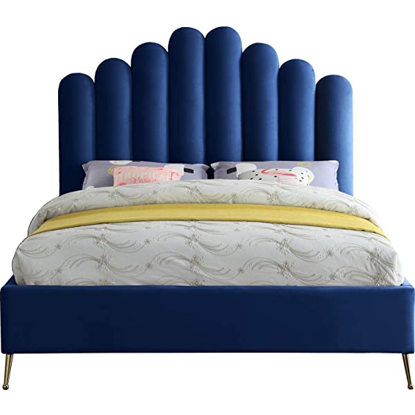 Meridian Furniture Lily Collection Modern | Contemporary Velvet Upholstered Bed with Deep Channel Tufting and Custom Gold Steel Legs, Queen, Cream Cream Queen