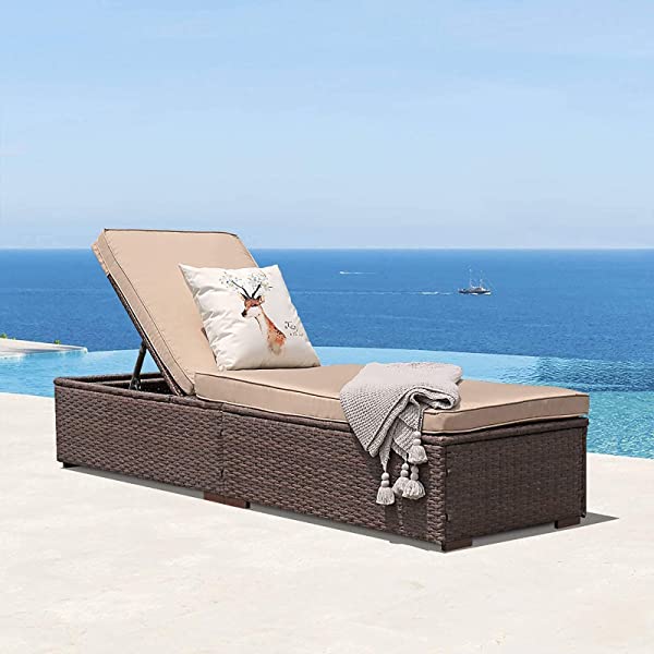 Patiorama Patio Chaise Lounge Chair, Sun Lounger, Outdoor Pool Beach Brown PE Rattan Wicker Reclining Chair W/Adjustable Backrest and Removable Cushion (Beige), Set of 2 2 Brown