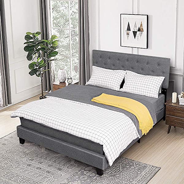 Giantex Shalini Upholstered Panel Platform Bed, Diamond Stitched Linen Panel Headboard, Metal Frame & 12 Strong Wooden Slat Support, Easy Assembly, Bed Mattress Foundation (Queen)