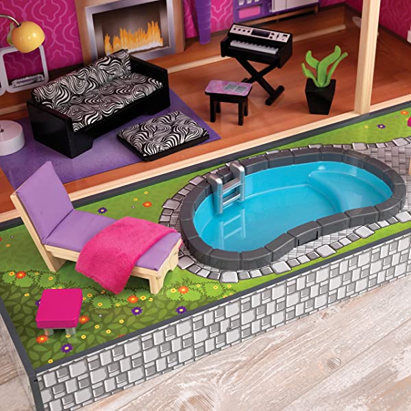 Wooden Modern Dollhouse with Lights & Sounds, Pool and 36 Accessories, Gift for Ages 3+ 49.25