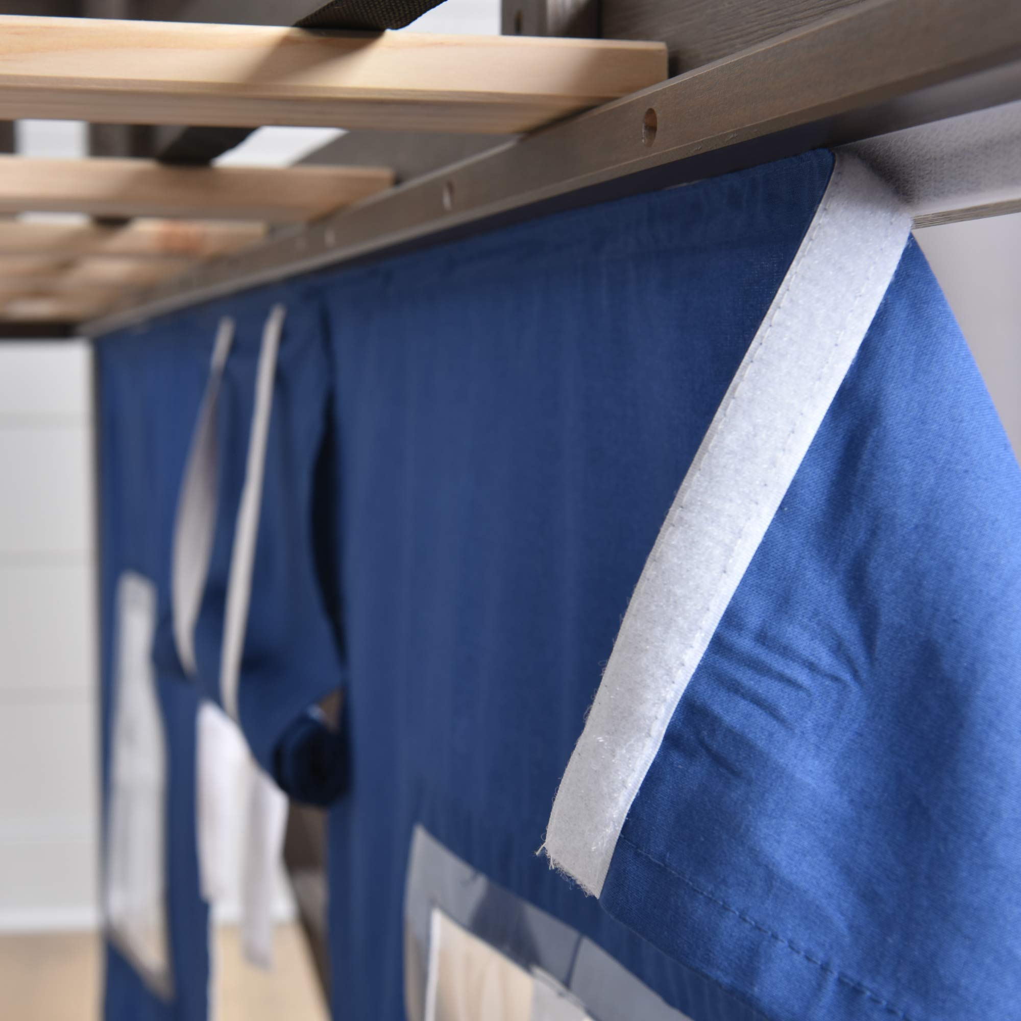 【Furniture】【BS】Low Bunk Bed, Twin-Over-Twin Bed Frame for Kids with Curtains for Bottom, Clay/Blue
