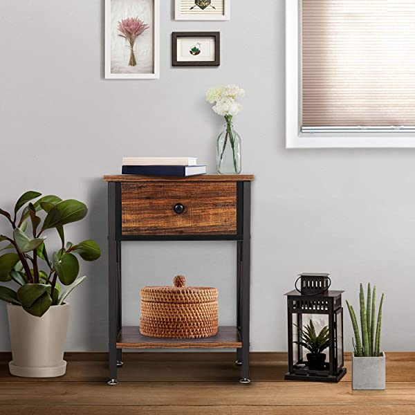 VECELO Modern Versatile Nightstands X-Design Side End Table Night Stand Storage Shelf with Bin Drawer for Living Room Bedroom, Brown+Black Brown+black Modern