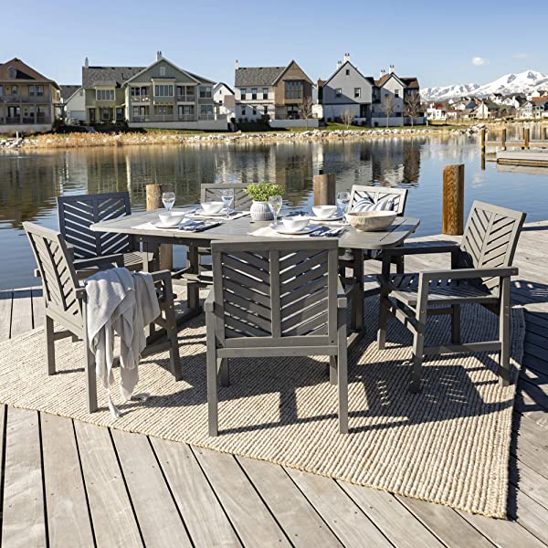 Walker Edison 5 Person Outdoor Wood Chevron Patio Furniture Dining Set Table Chairs Bench All Weather Backyard Conversation Garden Poolside Balcony, 4 Piece, Brown Brown 4 Piece Dining Set