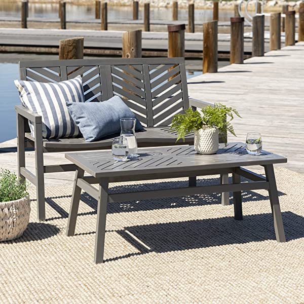 Walker Edison 5 Person Outdoor Wood Chevron Patio Furniture Dining Set Table Chairs Bench All Weather Backyard Conversation Garden Poolside Balcony, 4 Piece, Brown Brown 4 Piece Dining Set