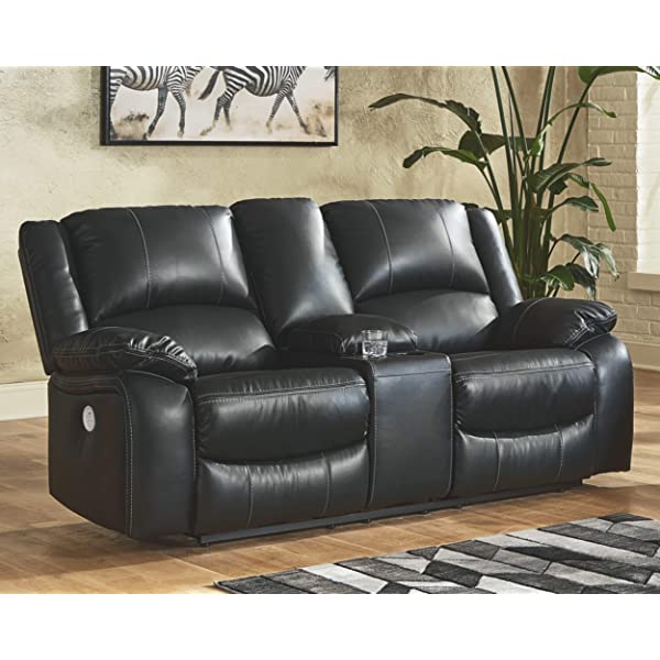 Signature Design by Ashley - Calderwell Contemporary Faux Leather Double Reclining Loveseat w/ Console - Adjustable - Gray Manual Loveseat Grey