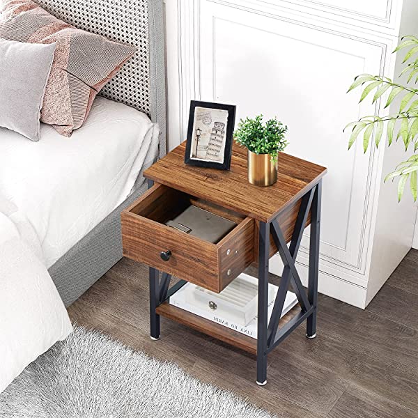 VECELO Modern Versatile Nightstands X-Design Side End Table Night Stand Storage Shelf with Bin Drawer for Living Room Bedroom, Brown+Black Brown+black Modern