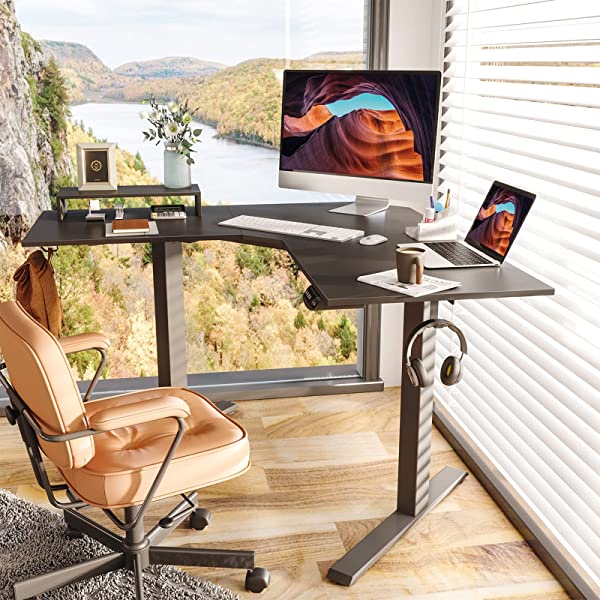 FEZIBO Dual Motor L-Shaped Electric Standing Desk, 48 Inches Height Adjustable Corner Desk, Full Sit Stand Home Office Table with Splice Board, Black Frame/Rustic Brown Top