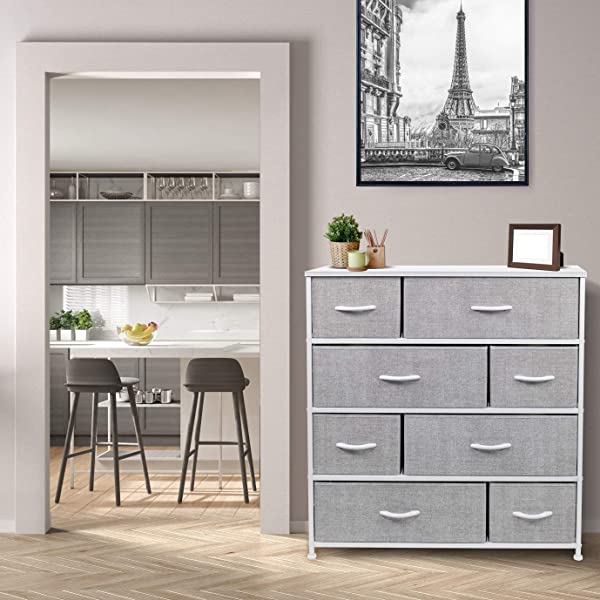 Sorbus Dresser with 8 Drawers - Furniture Storage Chest Tower Unit for Bedroom, Hallway, Closet, Office Organization - Steel Frame, Wood Top, Easy Pull Fabric Bins (White)