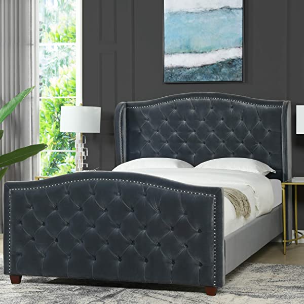 Jennifer Taylor Home Marcella Collection Queen Wingback Tufted Hand-Applied Nail Heads Upholstered Bed, Antique White Antique White Queen
