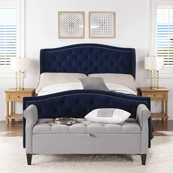 Jennifer Taylor Home Marcella Collection Queen Wingback Tufted Hand-Applied Nail Heads Upholstered Bed, Antique White Antique White Queen