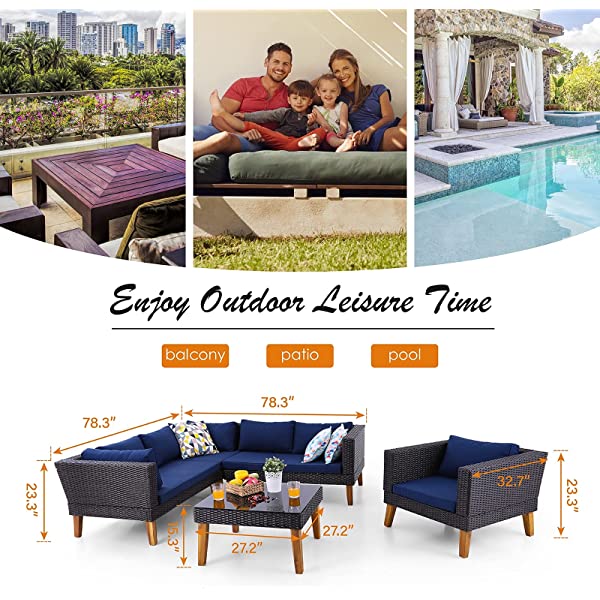 Sophia & William Outdoor Patio Furniture Set All-Weather Wicker Rattan Sectional Sofa Chairs Set, Patio Conversation Set with Acacia Wood Feet & Coffee Table (5 Piece, Navy Blue)