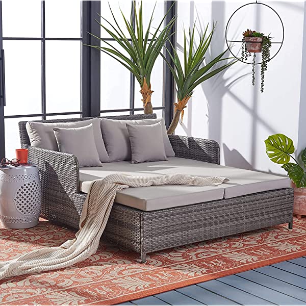 Safavieh Outdoor Collection Cadeo Brown Cushion Daybed PAT7500C, Grey/White