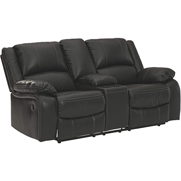 Signature Design by Ashley - Calderwell Contemporary Faux Leather Double Reclining Loveseat w/ Console - Adjustable - Gray Manual Loveseat Grey