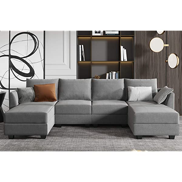 HONBAY Convertible Sectional Sofa U Shaped Couch with Reversible Chaise Modular Oversized Couch Sectional Sofa with Ottomans, Aqua Blue U Shape Sofa-1 Blue