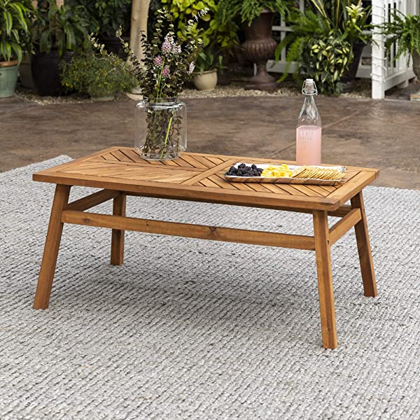 Walker Edison 5 Person Outdoor Wood Chevron Patio Furniture Dining Set Table Chairs Bench All Weather Backyard Conversation Garden Poolside Balcony, 4 Piece, Brown Brown 4 Piece Dining Set