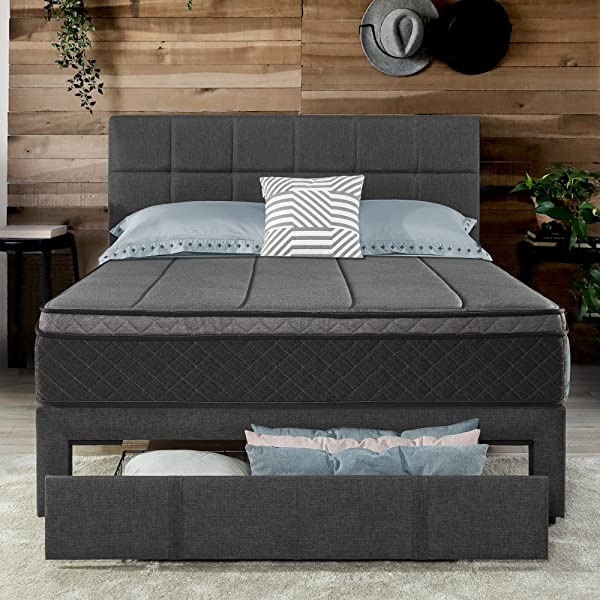 ZINUS Lottie Upholstered Platform Bed Frame / Mattress Foundation / Wood Slat Support / No Box Spring Needed / Easy Assembly, Grey, Queen Grey Queen Standard